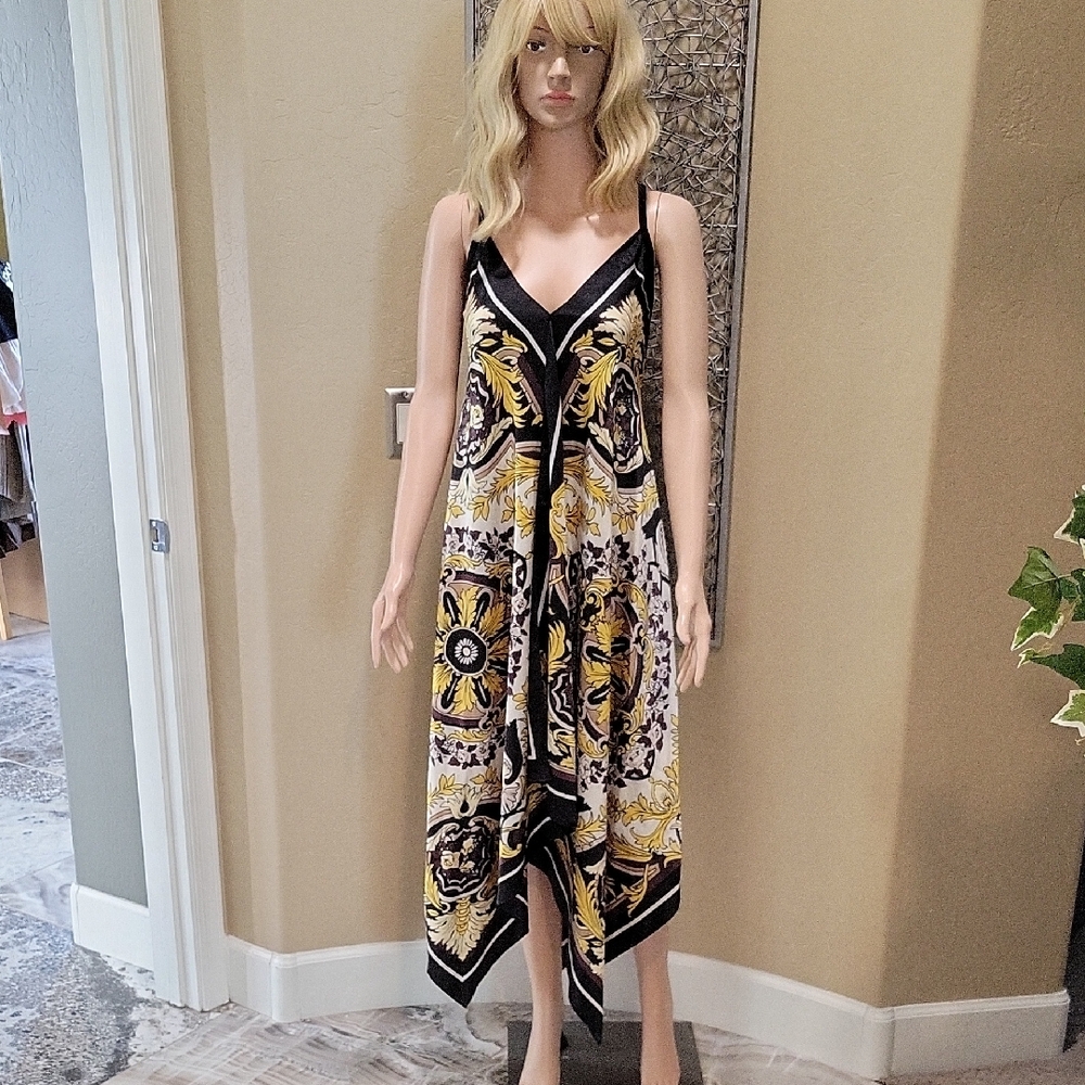 Boston Proper Scarf Print Strappy Midi Dress/Cover Up in Black, White & Yellow